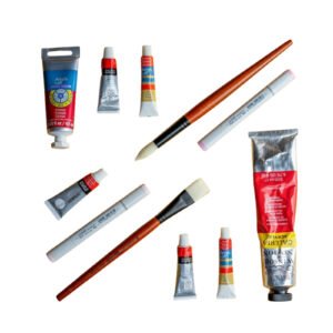 Assorted paint tubes 173 Assorted acrylic paint tubes and brushes on white background